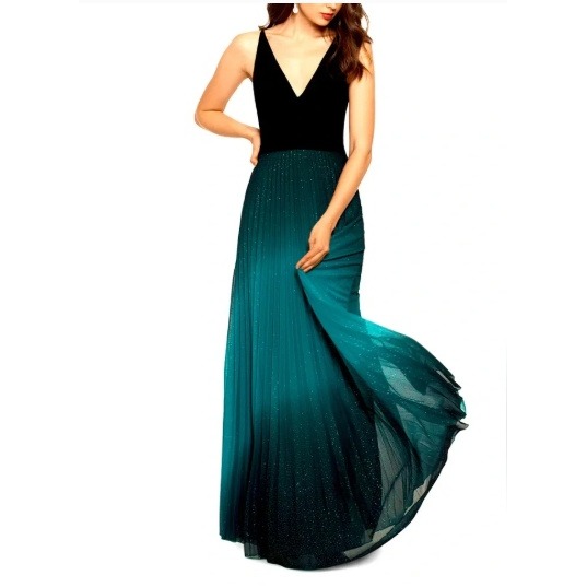 Betsy & Adam Teal Ombre Pleated Glitter Gown V-Neck Formal Dress Prom Size 8